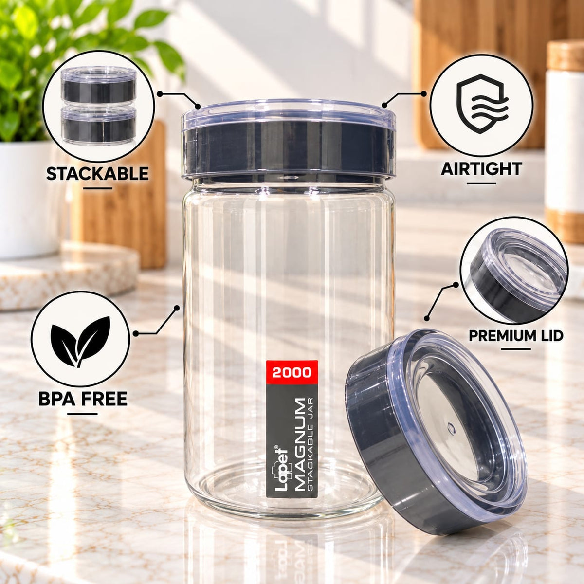 Lapet Magnum 2000 ml Stackable Jar – Premium Airtight Lid for Everyday Freshness