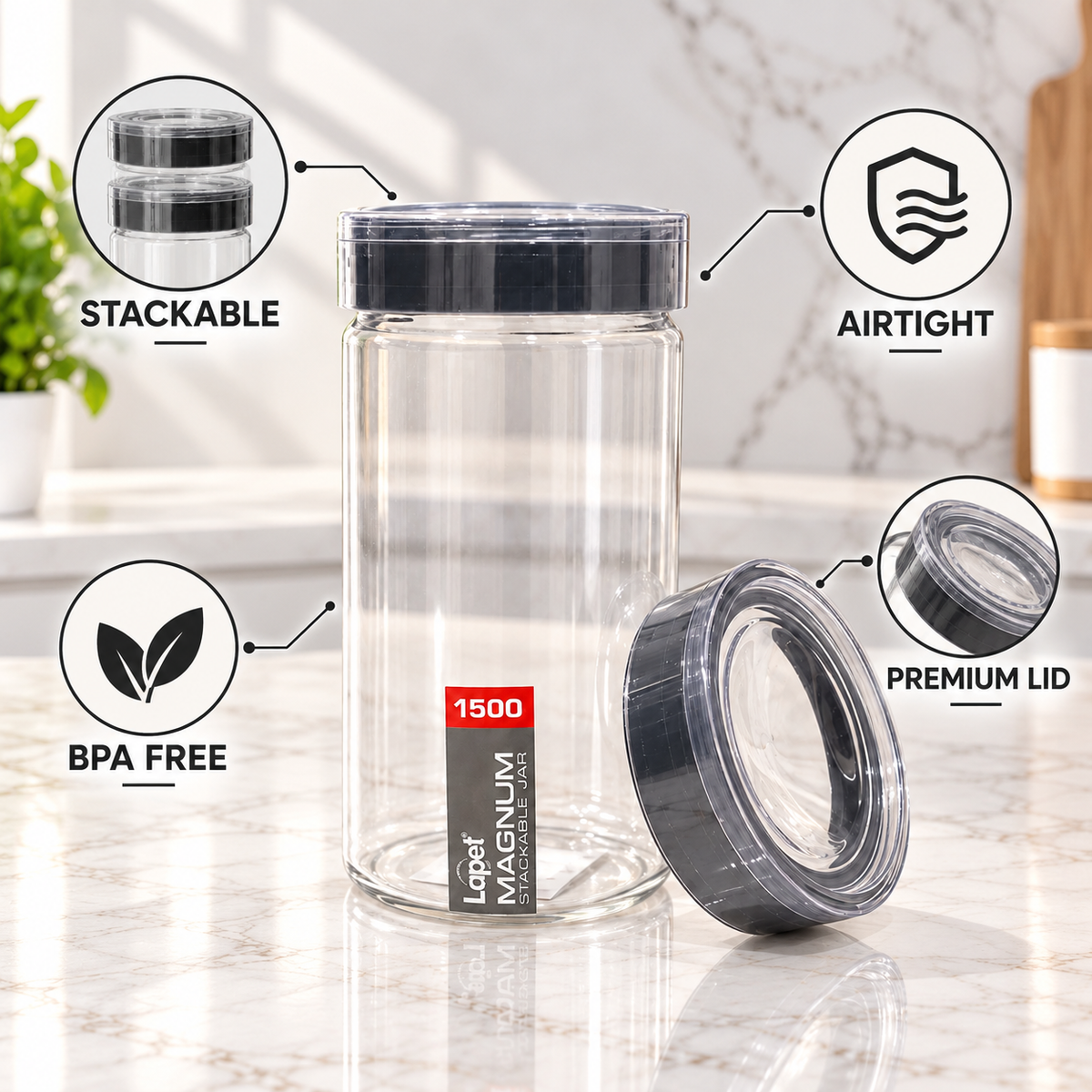 Lapet Magnum 1500 ml Stackable Jar – Premium Airtight Lid for Everyday Freshness